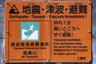 Evacuation sign in Toba with instructions for earthquake and tsunami hazards, Toba, Japan