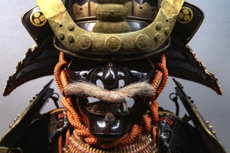 Detailed samurai armor with helmet and traditional ornaments, Okayama, Japan