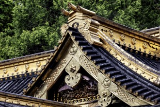 Gilded and ornately decorated roof structures of the shrine complex in Nikko, Nikko, Japan