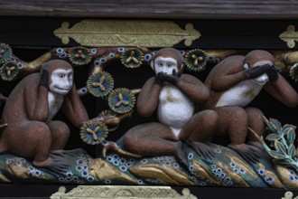 The three wise monkeys, known as Sanzaru, are depicted in relief at the shrine, Nikko, Japan