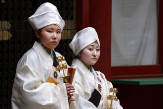 Two female carpenters in traditional dress in the courtyard of Toshogu Shrine, Nikko, Tochigi,