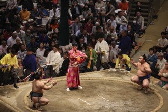Sumo ritual in front of an enthusiastic audience in the hall, Tokyo, Japan