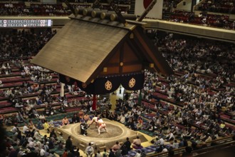 Sumo competition in the big Kokugikan with numerous spectators and traditional roof, Tokyo,