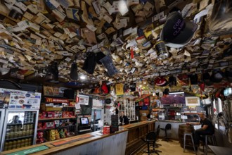 Rustic bar with colorful ceiling and wall decoration at William Creek Hotel, William Creek, South