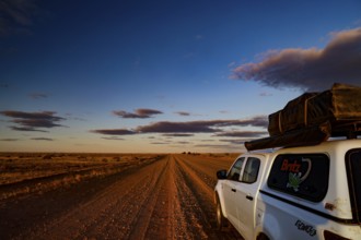 Vehicle on rural road under dramatic evening sky in outback, Oodnadatta Track, null, Australia