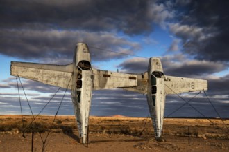 Two standing discarded aircraft as an art installation in the sculpture park, Henge Mutonia,
