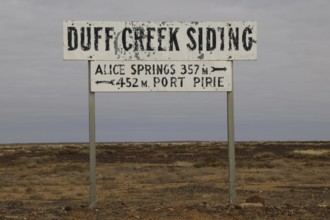 Duff Creek Siding Station Sign in the Dry Landscape, Duff Creek Siding, South Australia, Australia