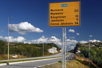 Distance sign to the Russian border on a clear road near Kirkenes, Kirkenes, Finnmark, Norway