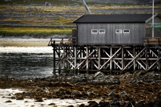 Wooden buildings on piles near the water in the Hamningberg coast