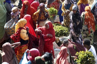 Colored headscarves and clothing dominate the khat market, Awaday, Ethiopia