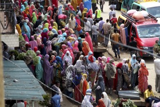 Aerial view of a busy market full of people, Awaday, Ethiopia