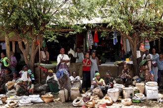 Bustling market activity with numerous people and stands in Adi Arkay