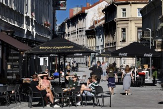 Vilnius Gatve in Kaunas with people relaxing in street cafes, Kaunas, null, Lithuania