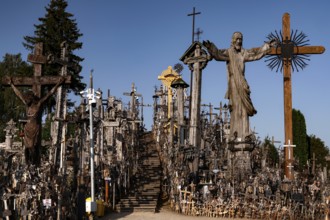 Wooden statues and crosses on a hill with clear sky, Siauliai, Lithuania