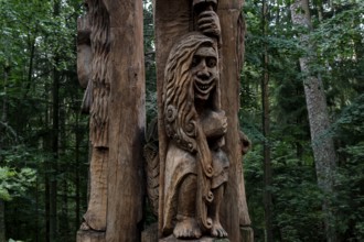 Detailed wooden sculpture in the forest at Hexenberg, Juodkranté, Klaipedos apskritis, Lithuania