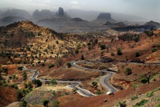 Breathtaking scenery of the Semien Mountains with winding roads and mountains, Semien Mountains,