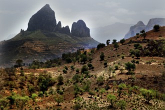 Impressive rock formations and barren vegetation in the Semien Mountains