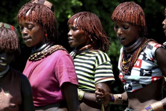 Hamer woman, wearing glowing clothes, dance as part of a festive initiation ceremony, Turmi,