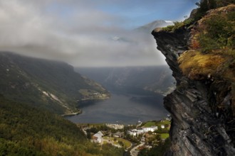 Majestic view of Geirangerfjord from Flydalsjuvet under cloudy sky, Flydalsjuvet, Geirangerfjord,