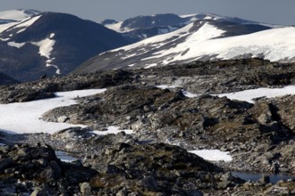 Snow-capped mountains and rocky landscape at Dalsnibba, Geirangerfjord, Dalsnibba, Norway
