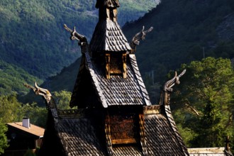Roof detail of Borgund stave church with ornate dragon heads, Borgund, Vestland, Norway