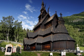 Stave church in Borgund, medieval wooden structure surrounded by nature, Borgund, Vestland, Norway