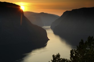 Atmospheric view of Aurlandsfjords at sunset, seen from Stegastein, zero