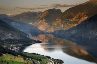 View of Aurlandsfjord from Stegastein in soft morning light, zero