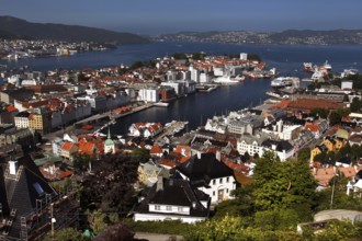 Panoramic view of Bergen from Fløyen on a sunny day, Bergen, Vestland, Norway