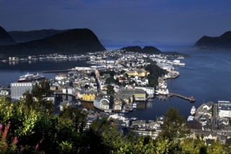 View of Ålesund from Kniven viewpoint at night, Ålesund, Møre og Romsdal, Norway