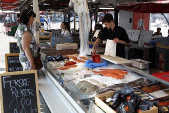 Vendor packs fresh salmon at fish market in Bergen, Bergen, Norway