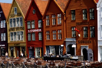Colourful wooden houses in the Tyskebryggen Hanseatic Quarter in Bergen with lively cafés and