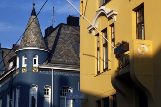 Close-up view of colorful art nouveau facades in Ålesund, Ålesund, Norway