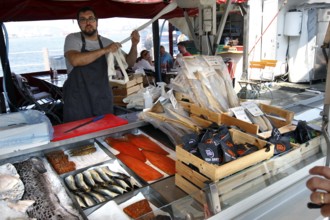 Vendor at fish market selling fresh fish, Bergen, Norway