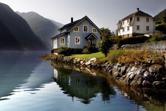 Houses on quiet Fjærlandsfjord with mountains in the background, Mundal, null, Norway