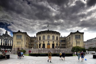 Norwegian Parliament Stortinget with impressive architecture on Eidsvolls plass, Oslo, Norway