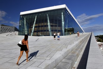 Visitors walk up the steps to the modern Oslo Opera, Oslo, Bjøvika, Norway