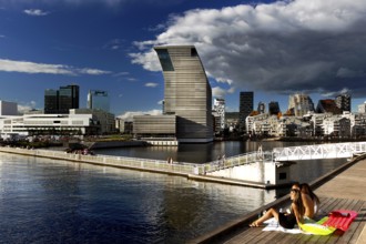 A sunny day on the water with a view of the Munch Museum in Oslo, Oslo, Bjøvika, Norway