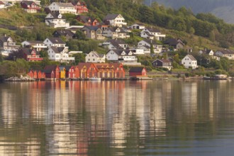 Golden hour light over the harbor and mountains. Summer sunset, Rosendal Port, Vestland, Norway