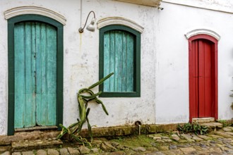 Old house facade with colorful doors and windows in the historic city of Paraty, Paraty, Rio de