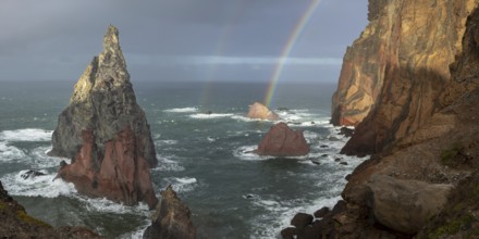 Sunset, rainbow at sea, volcanic peninsula, Ponta de São Lourenço, Ponta de Sao Lourenco, rocky