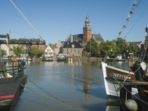 Harbour view, museum harbor, traditional ships, landmark, Alte Waage, town hall, Leer, East Frisia,