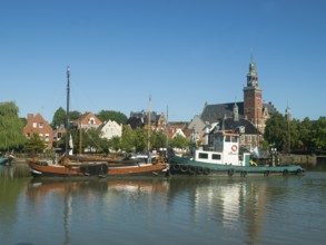 Museum harbour, traditional ships, historic old town, landmark, Alte Waage, town hall, Leer, East
