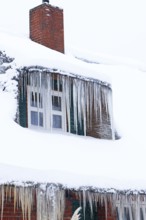 Icicles on an old thatched house covered with snow during snow flurries in winter,