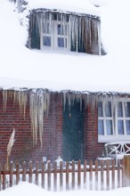 Icicles on a decrative old thatched house covered with snow in a snowstorm in winter,
