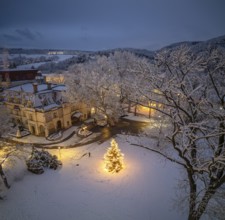 Aerial photos twilight winter theatre park with Christmas tree, Berndorf, Lower Austria, Austria