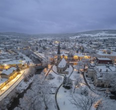 Aerial photos twilight winter theatre park with St. Mary's Church, Berndorf, Lower Austria, Austria
