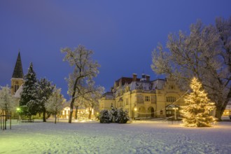 Winter in the theatre park with St. Mary's Church and Christmas tree, Berndorf, Lower Austria,