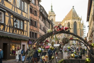 Christmassy decorated half-timbered houses, Old Town, Colmar, Haut-Rhin Department, Alsace, France