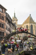 Christmassy decorated half-timbered houses, Old Town, Colmar, Haut-Rhin Department, Alsace, France